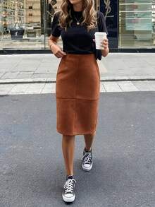 Women's Solid Color Casual Versatile Daily Skirt - Brown - View 6