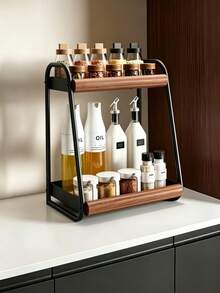 Kitchen Countertop 2-Tier Spice Rack, Iron & Wood Grain Design, Home Oil, Salt, Soy Sauce, Vinegar Seasoning Bottle Storage Organizer, Multifunctional Desktop Spice Organizer Rack - Multicolor - View 10
