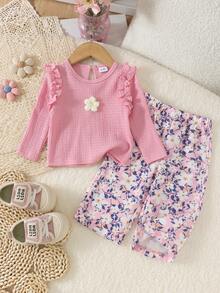 2pcs Infant/Toddler (Girl) Fresh Ruffle Trim 3D Flower Long Sleeve Top & Ditsy Floral Long Pants Set, Lightweight Spring/Autumn - Baby Pink - View 1