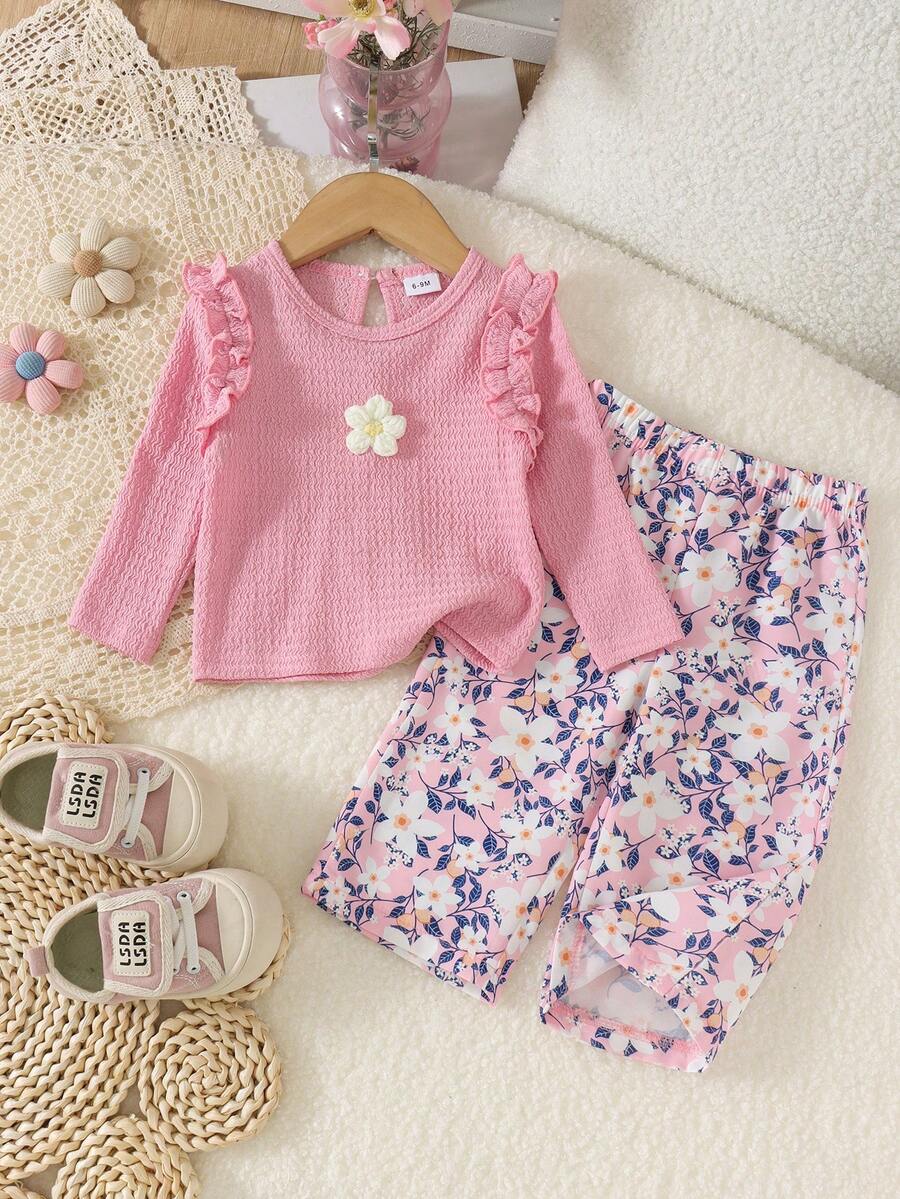 2pcs Infant/Toddler (Girl) Fresh Ruffle Trim 3D Flower Long Sleeve Top & Ditsy Floral Long Pants Set, Lightweight Spring/Autumn - Baby Pink - View 1
