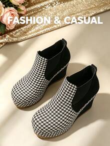 Women's Wedge Heel Ankle Boots, Round Toe Thick Sole Height-Increasing Elastic Ankle Boots, Retro Casual Autumn/Winter Commute Ankle Boots - Black Rice - View 1