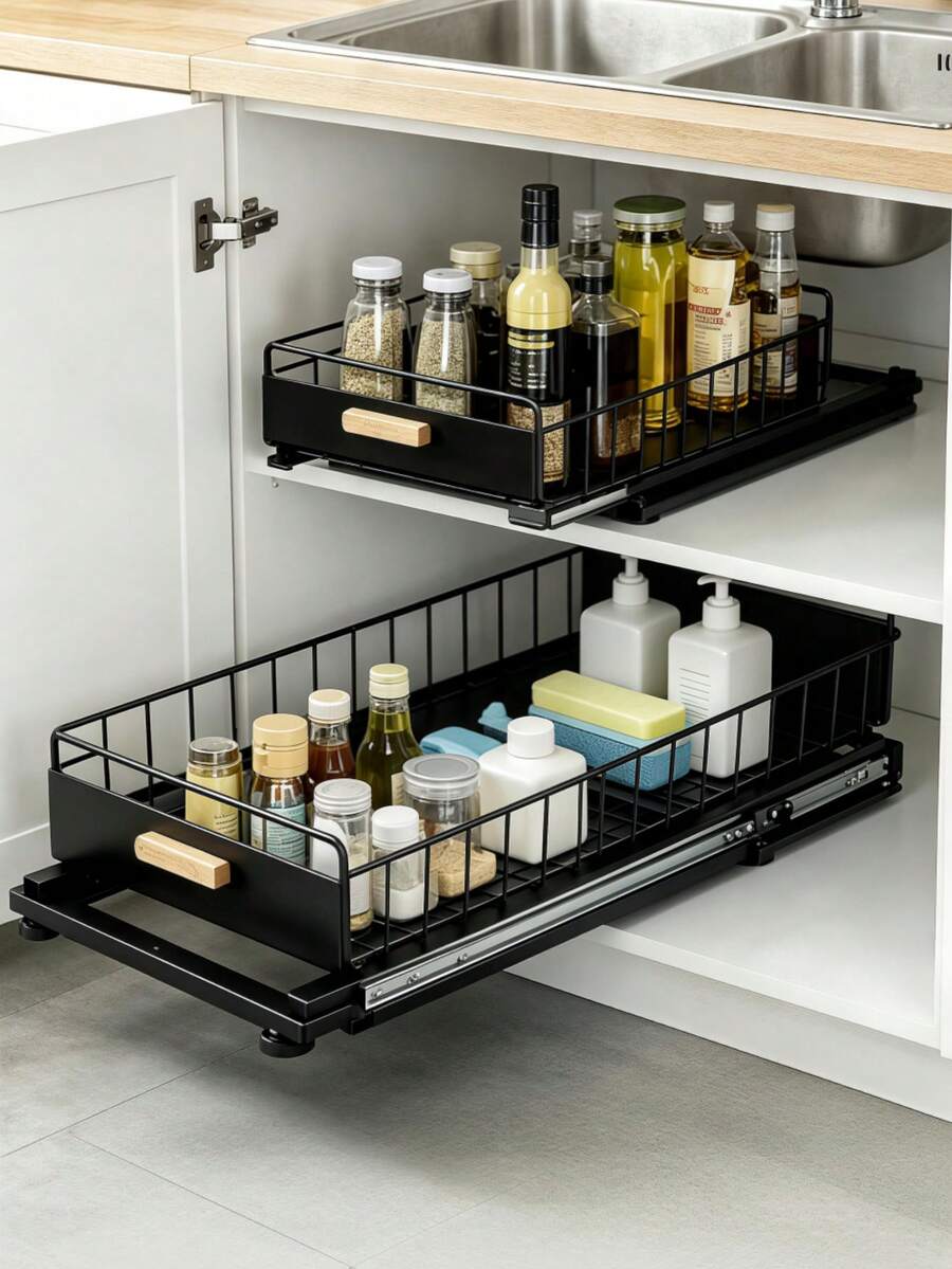 Pull‑Out Under Sink Organizer, Metal Spice Storage Rack, Storage Shelf, Heavy‑Duty Metal Kitchen Organizer, Smooth Pull‑Out Design, Space‑Saving Under‑Cabinet Storage Basket, For Storing Spice Supplies, Suitable For Kitchen And More - Multicolor - View 1