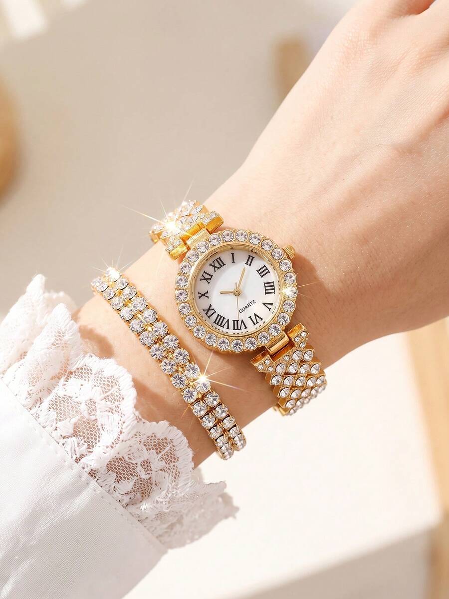 1件/套 羅馬數字水鑽女款手錶套組,奢華水鑽手鍊2件組,石英手錶,高端時尚女款腕錶,時尚精緻通勤小眾風格女錶,適合日常配戴、約會、宴會、生日、節日禮物等 - 金色 - 查看 1