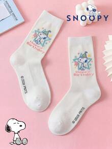 1 Pair Snoopy Women's White Mid-Calf Socks, Cute Cartoon Christmas Puppy Winter Socks - White - View 4