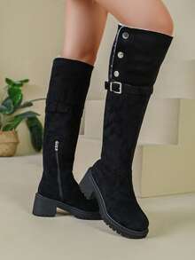 Botas altas de caballero de ante, textura de ante premium, combina bien con abrigos, faldas, jeans, adecuado para desplazamientos de otoño/invierno, fotografía de viajes, atuendos para citas - Negro - Ver 5