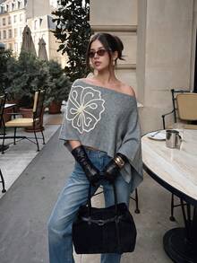 Women's Autumn Casual Cold Shoulder Knit Cape Top, Grey Tone Cream Floral Embroidered Batwing Sleeve Outwear - Grey - View 1