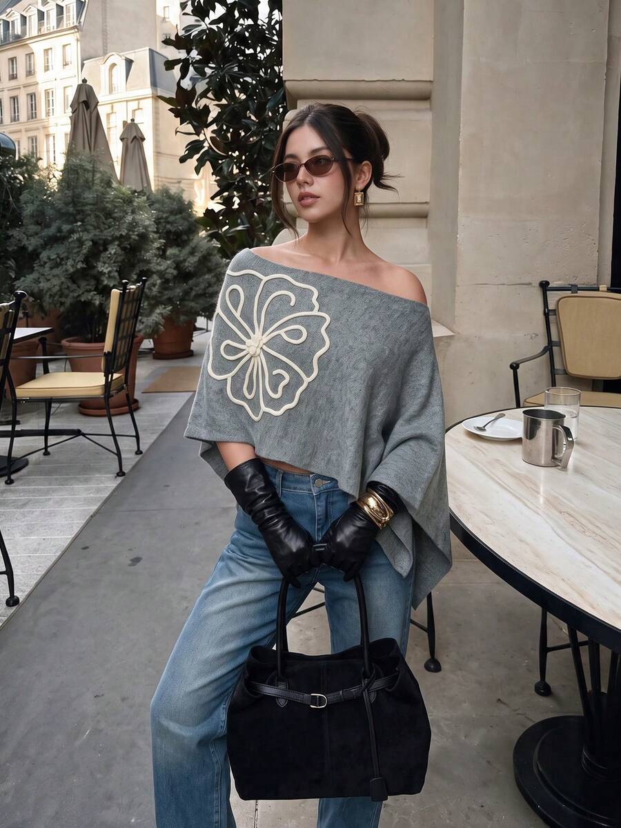Women's Autumn Casual Cold Shoulder Knit Cape Top, Grey Tone Cream Floral Embroidered Batwing Sleeve Outwear - Grey - View 1