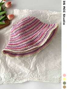 Dopamine Striped Straw Fisherman Hat Women Summer Hollow Out Breathable Bucket Hat Slimming Face Sun Protection Sun Hat Plus Size Rainbow Striped Hollow Straw Hat Women Travel Outdoor Sun Protection Face Covering Sun Hat Women New Wide Brim Slimming Face Large Head Circumference Handmade Woven Large Size Fisherman Hat Vacation Beach Bucket Hat Back To School - Multicolor - View 12