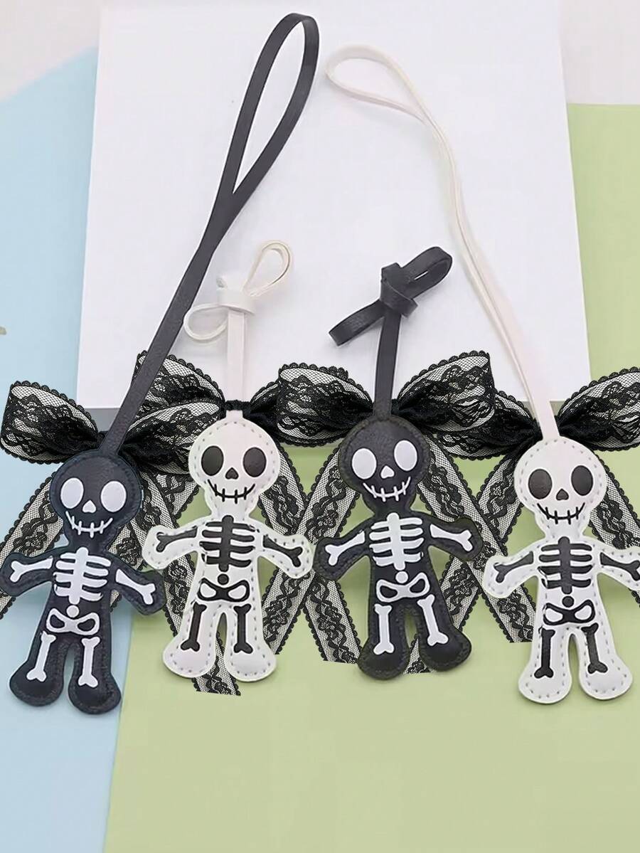 PU Material Double-Sided Ghost Dark Skull Keychain, Lace Bow Pendant, Halloween Fun Bag Charm, Y2K Style, Holiday Gift - A - View 1