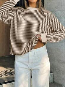 GLAMSKIN Women Color‑Block Striped Crew Neck Long Sleeve T‑Shirt,Simple Loose Fit Fall Basic Tee For Daily Wear&Office Commute - Apricot Coffee - View 9