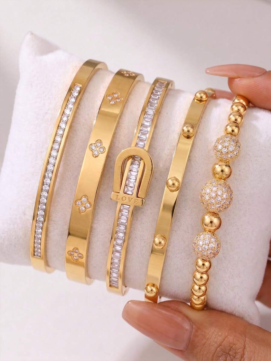 5Pcs Ins Chic Stack Bracelet Set, Assorted Rhinestone Clover Stud Gold Bangle, Aesthetic Stainless Steel Wrist Ornaments For Daily Street Style - Gold - View 1