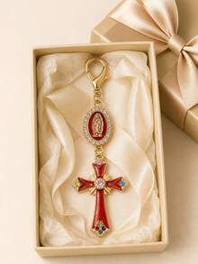 Vintage-Style Rhinestone And Enamel Cross Amulet Keychain Featuring A Virgin Mary Pendant; Suitable As A Bag Charm, Car Key Accessory, Or Holiday Gift - Multicolor - View 8