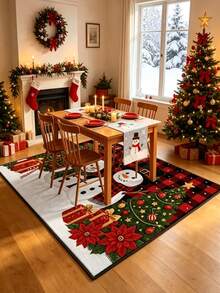 1pc Plaid Background With 2 Snowmen Christmas Tree Rectangular Crystal Velvet Rug, Christmas, Decorative Rug, Bedroom Decor, Large Rug, Rug, Home Decor, Living Room Rug, Living Room Small Rug, Bedroom Rug, Living Room Home Decor, Outdoor Rug, Washable Rug - Multicolor - View 2