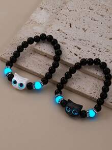 2 pcs/Set Gelang dan Kalung Manik Kucing Glow-in-the-Dark, Aksesori Serasi Sahabat Gaya Niche Y2K, Hadiah Pasangan Simpel Serbaguna - MultiWarna - View 10