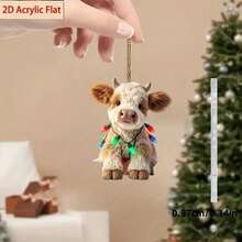 2 Pcs 2D Flat Acrylic Christmas Cow Decorations, Highland Cow Christmas Light String Hanging Pendants, Suitable For Wreaths, Garlands, Door Decor, Perfect For Christmas, Christmas Tree Decoration, Fun Farm Animal Holiday Decor Gift - Multicolor - View 3