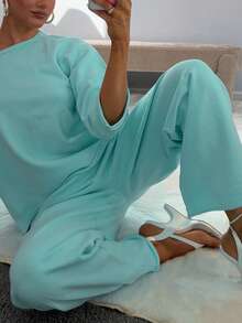 Comfortable Off-The-Shoulder Sweatshirt And Wide Leg Pant Set For Women, Sexy Casual Two Pieces Outfit, Perfect For Fall - Baby Blue - View 6