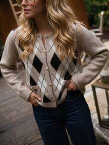 SEREN Fashion Women's Diamond Pattern Knitted Cardigan, Autumn New Round Neck Long Sleeve Sweater Jacket, Suitable For Daily Wear And Outings - Multicolor - View 5