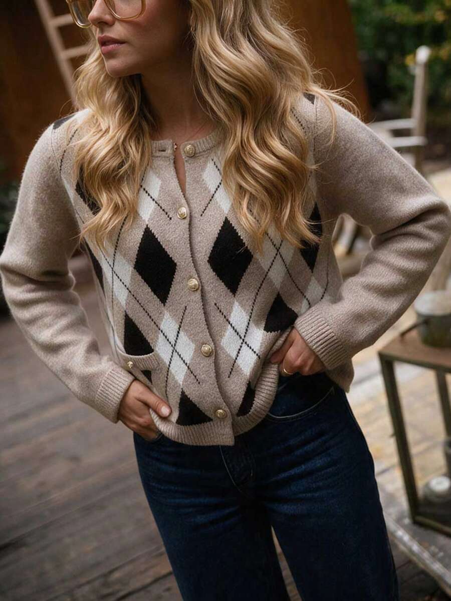 SEREN Fashion Cardigan Rajut Motif Berlian untuk Wanita, Jaket Sweater Lengan Panjang Leher Bulat Terbaru untuk Musim Gugur, Cocok untuk Pemakaian Sehari-hari dan Acara Luar Ruangan - MultiWarna - View 1