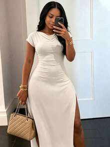 LovelyWholesale Women's Elegant High Neck Short Sleeve Fitted Split Hem Dress, Summer - Apricot - View 2