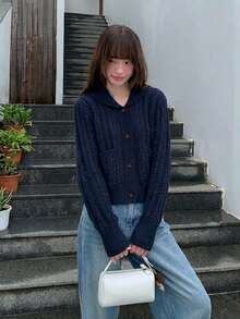 Autumn/Winter Soft & Sweet Knitted Sweater, Retro Cable Knit High-Quality Pullover For Women - Navy Blue - View 2
