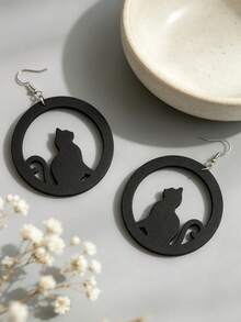 1 Pair Vintage Hollow Round Cat Earrings, Double Layer PU Leather Gothic Halloween Party Accessory Dangle Earrings - Multicolor - View 2