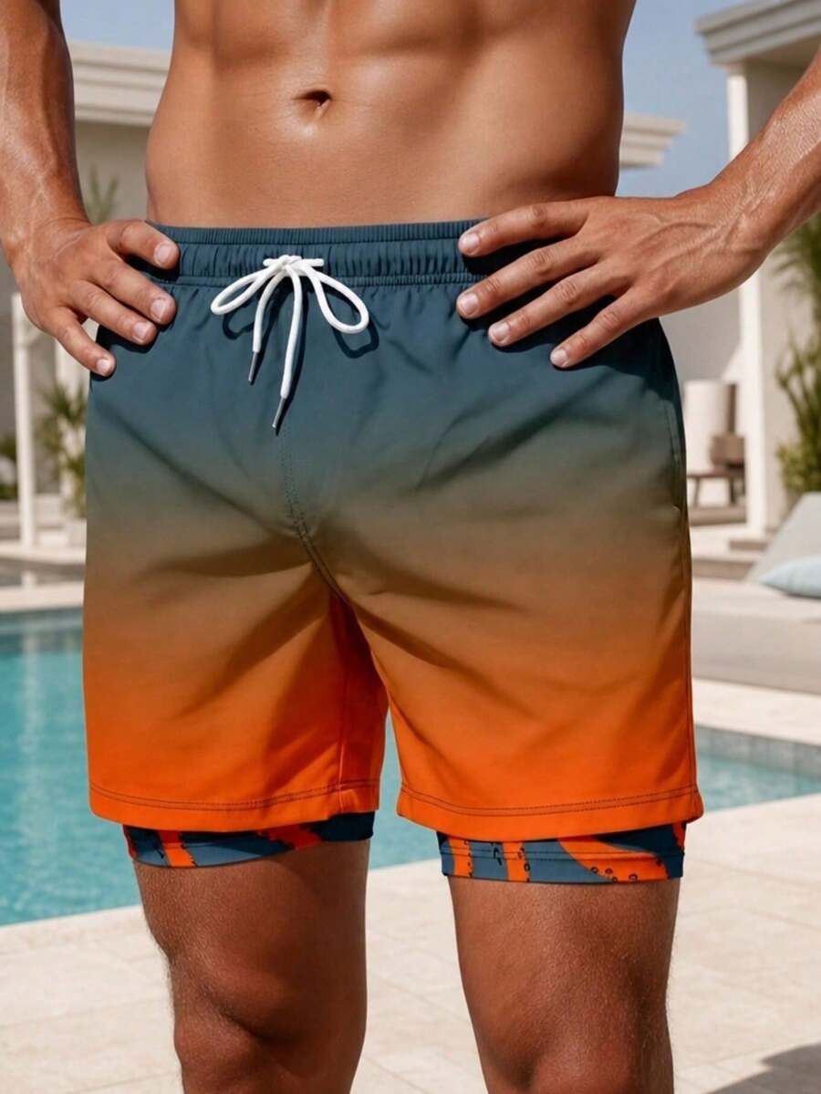 Men's Octopus Print Double-Layer Beach Shorts, Casual Summer Holiday Style - Multicolor - View 1