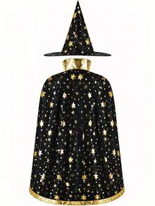 2pcs Halloween Satin Gold Foil Star Cape & Hat Set, Adult Wizard Magician Witch Costume, Stage Performance And Party Outfit - Multicolor - View 2