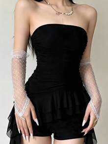 1 Pair Long Rhinestone Party Fishnet Fingerless Gloves With Hook Finger Arm Warmers - White - View 2