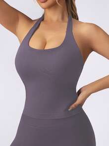 Women's Seamless Long Spaghetti Strap Fitness Top, Built-In Bra With Removable Padding, Sports Yoga Tank Top - Dusty Purple - View 8