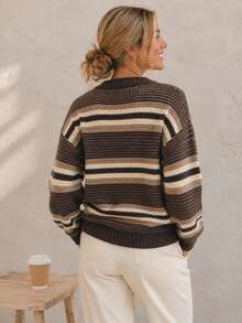 Plus Size V-Neck Gradient Striped Textured Knit Sweater, Drop Shoulder Loose Long Sleeve Pullover, Suitable For Autumn/Winter, Casual, Commute - Coffee Brown - View 5