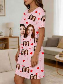 Customized Face Photo Nightgown, Personalized Short Sleeve Loose Fit Nightgown, Red Heart Print, Novelty Customized Gift Homewear For Women - Multicolor - View 3