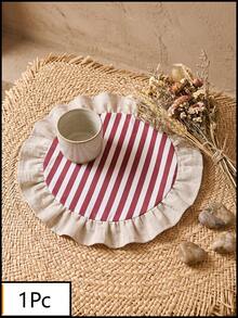 1/2/4/6/12pcs Red And White Striped Placemats, Fresh Natural Style, Fabric Material, Round Beige Ruffle Edge Detail, Stain-Resistant Protection For Tabletop And Decorative Enhancement, Suitable For Daily Tea And Natural Home Decor - Red - View 13