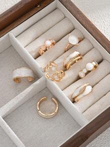 8pcs Fashion Old Money Style Star Moon Sun Oil Drop Rings Set, Asymmetrical Exaggerated Geometric Pattern Stackable Accessories Jewelry For Women, Daily Wear, Dating, Party, Versatile Matching, Perfect Gift For Birthday, Female Friends, Halloween, Christmas - Drip Oil Ring Set - View 6
