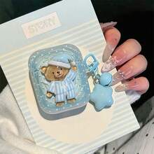 1pc Cute Goodnight Sleepy Bear Decor Apple Case, Glitter Sequin Design With Star Pendant, Shockproof Soft Protective Cover Compatible With Apple Wireless Bluetooth Earphones - Blue Striped Bear - View 4
