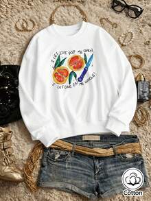 Women's Casual Loose Fit Fruit Print Crew Neck Sweatshirt With Lettering, Breathable Long Sleeve Pullover For Spring Autumn Street Style - White - View 3