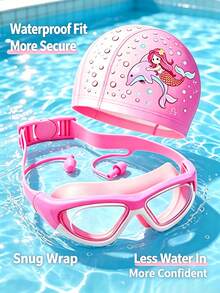 Children's Swimming Goggles & Swim Cap Set, High-Definition Anti-Fog Large Frame Goggles With Earplugs, Soft Waterproof Swim Cap, Snug Fit Without Tightness, For Kids Swimming Training & Water Play, Comfortable & Swimming Gear - Multicolor - View 2
