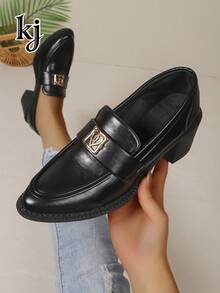Million Women's Pointed Toe Slip-On Chunky Heel Loafers, Fashion Metal Decor Chunky Heel Dress Shoes, Suitable For Office Work, Daily Wear, Dating - Black - View 1