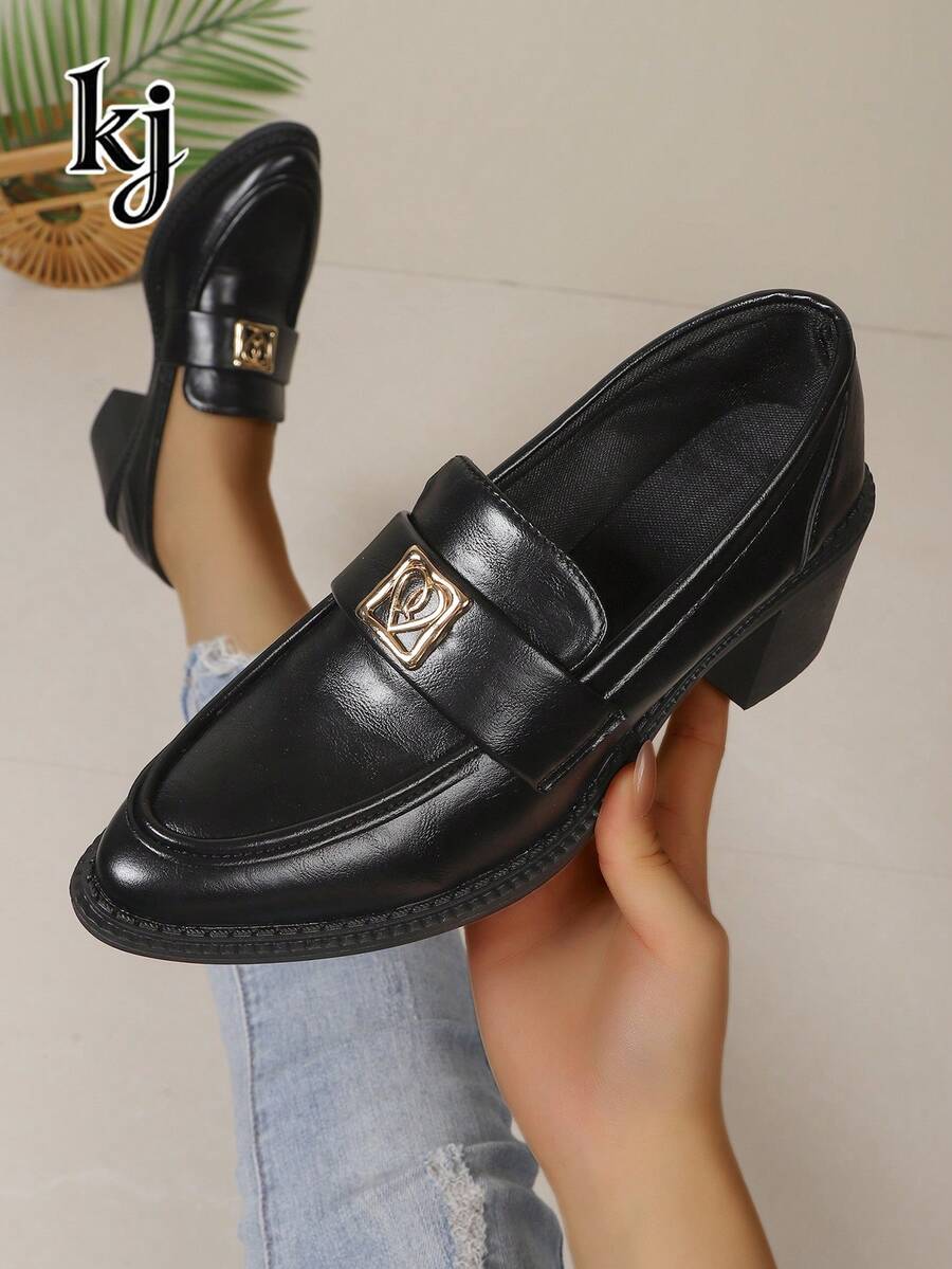 Million Women's Pointed Toe Slip-On Chunky Heel Loafers, Fashion Metal Decor Chunky Heel Dress Shoes, Suitable For Office Work, Daily Wear, Dating - Black - View 1