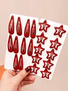 20pcs Fashion Minimalist Red Five-Pointed Star Water Drop Hair Clips, Versatile Daily Wear, Suitable For Girls' Everyday And Holiday Hair Accessories - Red - View 2