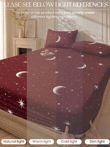 1 buah Sprei Fitted Motif Bintang & Bulan Burgundy Modis, Pelindung Kasur, Penutup Kasur, Seprai, Lembut & Bernapas, Cocok untuk Semua Ukuran Kasur - Twin, Full, Queen, King, Kantong Dalam Hingga 11,8 Inci, Dapat Dicuci dengan Mesin. Musim Kembali ke Sekolah, Perlengkapan Penting untuk Asrama - Burgundy - View 4