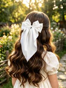 4Pcs Kids Girls Satin Large Bow Hair Clips Solid Color Long Ribbon Design Hair Barrettes Sweet Style Hair Accessories For Daily Party Holiday - White - View 2