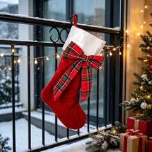 Red Christmas Stockings Retro Plaid Bow Hanging Decorative Socks For Mantel - Red - View 5