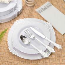 Silver Cheese Tray/Platter/Plate, 10.25 Inch Dinner Plate/7.5 Inch Side Plate, White Base With Silver Embossed Dragon Pattern Design, Washable And Reusable Party Plates, Fruit/Cake Tray, Platter, Stackable Space-Saving. Perfect For Weddings, Parties, Birthday Gatherings, Outdoor Garden Banquets, Christmas, Thanksgiving Dinner - View 10