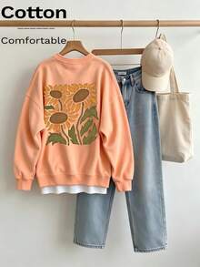 Women's Peach Pullover Sweatshirt With SunflowerPrint, Rib-Knit Details,Round Neck, Long Regular Sleeves,Medium StretchKnitted FabricFall Outfits - Hami Melon Orange - View 3