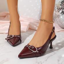 Women's Solid Color Elegant Commute PU Leather Buckle Pure Metal Thin High Heel Sandals Office Home Spring Autumn - Burgundy - View 11