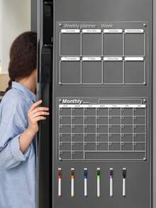 1 Set White Transparent Weekly/Monthly Planner Message Board (Includes 6 Magnetic Whiteboard Markers) Magnetic Acrylic Calendar Memo Writing Board, Erasable Magnetic Refrigerator Sticker Display Board, Reusable Memo Board - Clipboard - View 4