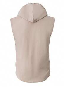 1pc Men's Linen Blend Sleeveless Hooded Vest, Button Down Drawstring Hood Tank Top, Casual Lightweight Beach Vacation Summer Sleeveless Shirt For Men - Khaki - View 4