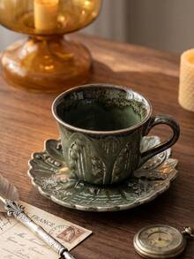 DearDali 1 Set Vintage Embossed Lily Of The Valley Ceramic Cup And Saucer Set, Kiln Glazed Rim Coffee Latte Cup, Vintage Relief Tabletop Decor Afternoon Tea Cup, Aesthetic Tableware, Tea Cup, Suitable For Coffee Or Tea, Fun Gift Cup For Friends - Multicolor - View 2