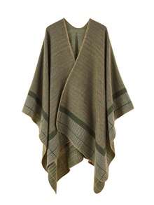 1pc Men's Colorblock Plaid Trim Warm Cape Shawl, Loose Windproof Long Woven Cardigan Coat, Multiple Colors Available - Multicolor - View 5
