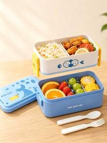 Cartoon Print Lunch Box, Double-Layer Sealed Meal Container With Buckle Lock, Suitable For Office Simple Meals, Cute Food Storage Container - Multicolor - View 3